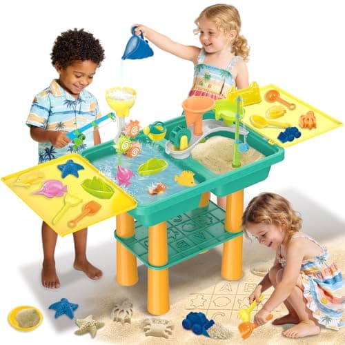 Image of deAO Sand and Water Table for Toddlers, Outdoor Sand Water Play Table with 25PCS Beach Toys and 2 Fishing Pool Toys, Sand Pit Water Activity Table Summer Beach Garden Toy for Boys Girls (Dark Green)