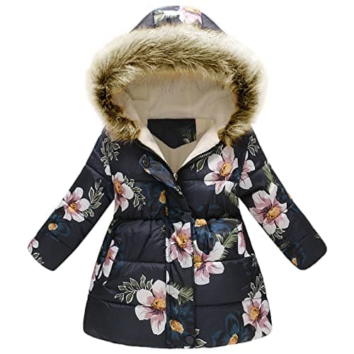 Image of amropi Girls Winter Coat Floral Hooded Jacket with Faux Fur Warm Parka Padded Overcoat 4-5 Years, Navy Flower