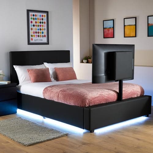 Image of X-Rocker AVA Leather TV Bed with Rotating TV Mount 55", Storage and Cable Management, Ambient Underbed RGB LED Lighting King 5ft Low Sleeper Bedstead, Upholstered Leather Frame XR LIVING - BLACK
