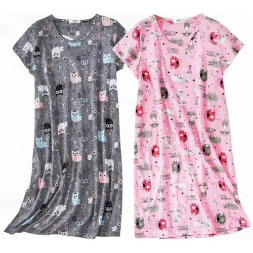 Image of BERDITH 2 Pack Nighties for Women Nightdress Ladies Cotton Blend Nightie Girls Nightshirt Nightdresses Plus Size Night Dress UK 26-28 Grey cowl Gift Mum Mummy Mothers Day