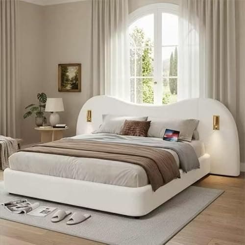 Image of BTM Upholstered Super King Size Bed with Large Headboard, USB Charging Port and Reading Lamp, Hydraulic Super King Bed Frame, 6ft-180x200cm, White Bouclé, No Mattress