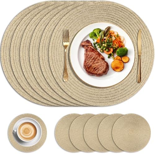 Image of HEYOMART Round Placemats and Coasters Set of 6, Christmas Table Mats Glitter Bling Heat Resistant, 34cm Gold Braided Woven Place Mats Washable for Kitchen Dining Table, Party, Wedding