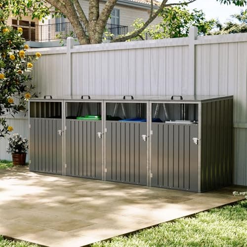 Image of Warmiehomy Wheelie Bin Storage 4 Bin Storage for Wheelie Bins Galvanized Steel Outdoor Garbage Can Store with Locking Door Quadruple Wheeled Bins Hideaways with Lifting Lids,Grey