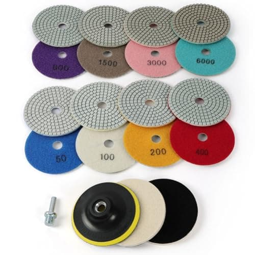 Image of URAQT Diamond Polishing Pads Kit 12 Pack, 4 inch Wet Dry Stone Granite for Granite, Marble, Concrete, Glass, Grinding Discs Set, with 50-6000 Grit Polishing Pad, for Polisher Wheel Disc, Angle Grinder