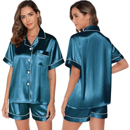 Image of GAESHOW Pyjamas for Women Silk Satin Pyjama, Ladies Pyjamas Bride Pjs Set Two Piece Pj Sets Button Down Sleepwear Loungewear Peacock Blue