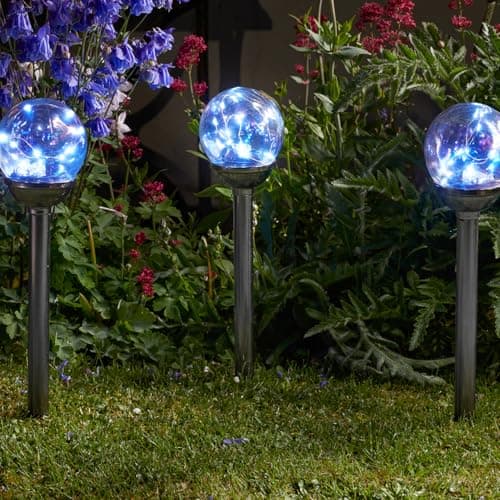 Image of Set of 4 Solar Powered Firefly Opal Stake Lights – Weatherproof Outdoor Garden Glass Orb LED Lighting for Pathway, Driveway, Lawn, Border, Patio, Decking, Yard – Each H47 x 10cm Diameter