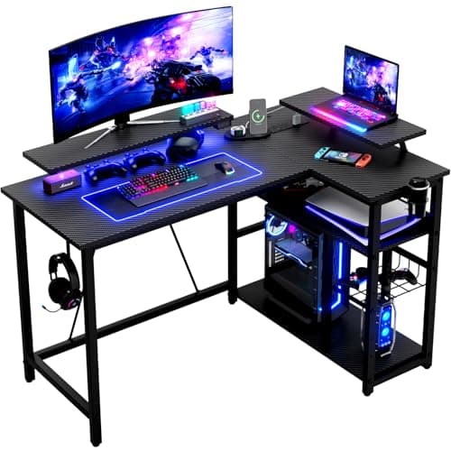 Image of Devoko 120x80cm L Shaped Gaming Desk With RGB Lights&Power Outlets, Computer Corner Desks with Reversible Large Storage Shelves Office Table With Water cup holder,Carbon fiber black