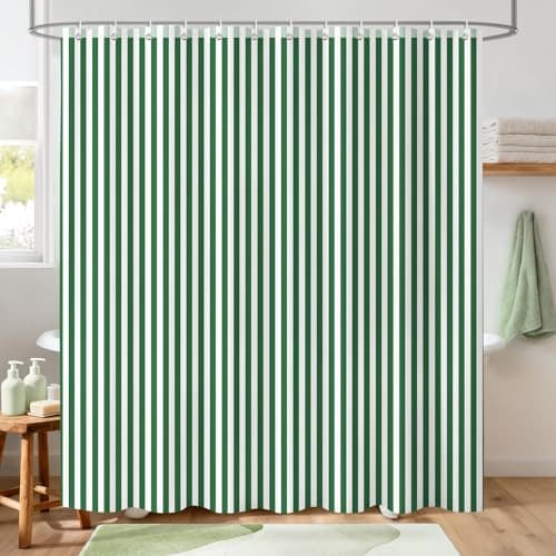 Image of Hopomoon Green and White Striped Shower Curtain,Vintage Green Vertical Striped Geometric Waterproof Polyester Fabric Bath Curtain with 12 Hooks 72 x 72 inch