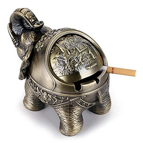 Image of BSTKEY Retro Elephant Ashtray - Large Windproof Zinc Alloy Tabletop Cigarette Cigar Holder with 3 Firm Holders & Lid - Green Bronze (2 Pack Cigarette Butts Capacity)