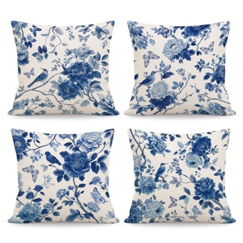 Image of NymphFable Blue White Ink Flower Bird Cushion Covers Set of 4, Artistic Linen Throw Pillow Covers for Sofa Living Room Bedroom Decor, 45x45cm