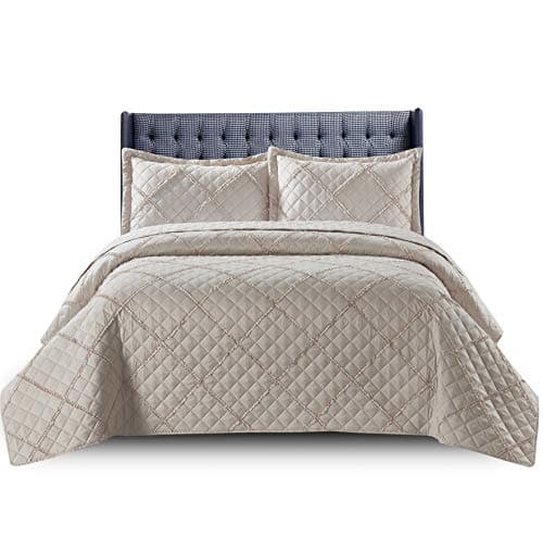 Image of Quilted Bedspread Bed Throws for Room Decor - Quilted Fabric Embossed Striped Pattern Ruffle Design Reversible Quilt Bedspreads Coverlets with Hypoallergenic Pillow Cover (Super King, Ruffle Mink)