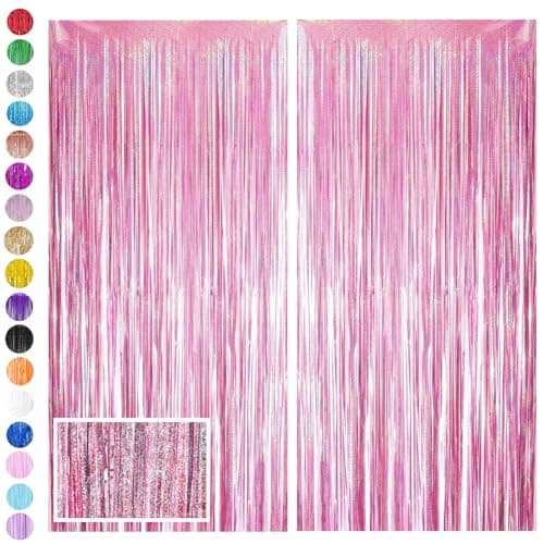Image of Pink Foil Fringe Tinsel Backdrop Glitter,2pcs 3.2ft x 6.5ft Pink Foil Curtain Decoration,Laser Foil Fringe Metallic Tinsel Door Hanging Foil Flow Silk Streamers for Birthday Wedding Holiday Party