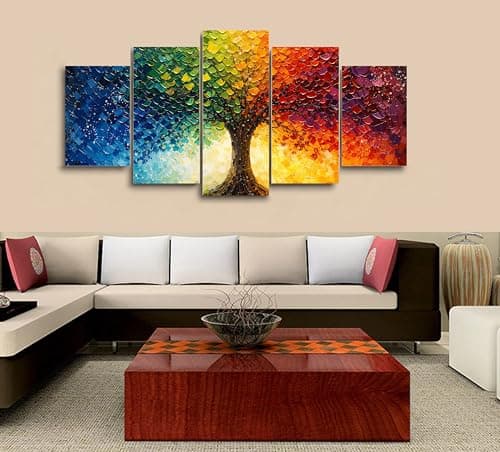 Image of Eight Brothers 5 Piece Canvas Wall Art Colorful Abstract Tree Multicolor Modern Art Design Multi Panel Framed Canvas Prints Contemporary Wall Decor for Living Room Bedroom Office Interior