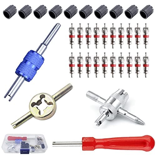Image of QISF Car Tyre Valve Removal Tool Set | Tyre Valve Repair Kit | Dual & Single Head Valve Core Remover | 4-Way Valve Tool | 10 Pcs Tire Valve Caps | 20Pcs Valve Cores | Fit for Car Bicycle Auto