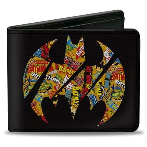 Image of DC Comics Wallet, Bifold, Bat Signal Black Multi Color Logos Stacked, Vegan Leather, Batman