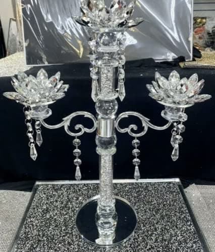 Image of Biznest Crushed Diamond Candle Holder Silver Crystals Filled 3 Flower Tier Romany Lotus Sparkle Ornament Bling Crushed Diamond Gift, Birthday Present Gift