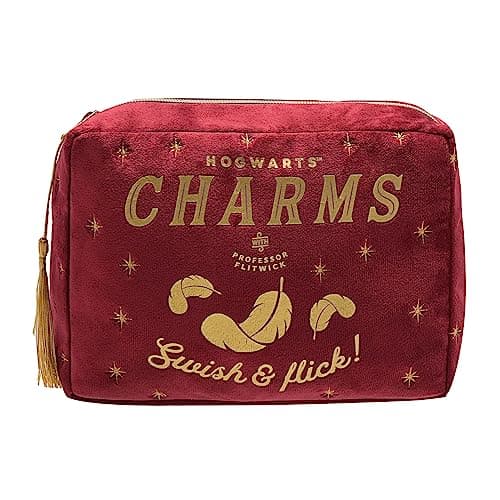 Image of Harry Potter Charms Wash Bag | Official Warner Bros Hogwarts Toiletry Pouch | Swish & Flick Makeup Bag in Red Velvet with Tassel Zip & Professor Flitwick Design