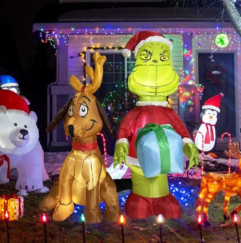 Image of 4 FT Christmas Inflatable Xmas Thief with His Dog, Christmas Blow Up Yard Decorations with Built-in LED Lights for Outdoor Garden Holiday Party Decor