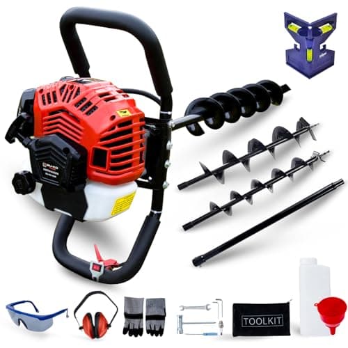 Image of BU-KO 52CC 2Stroke Petrol Earth Auger Fence Post Ground Hole Borrer Digger 3HP V-Type | 3 Drill Bits Diameter (100,150,200mm), Safety Gear, Post Level & Extension