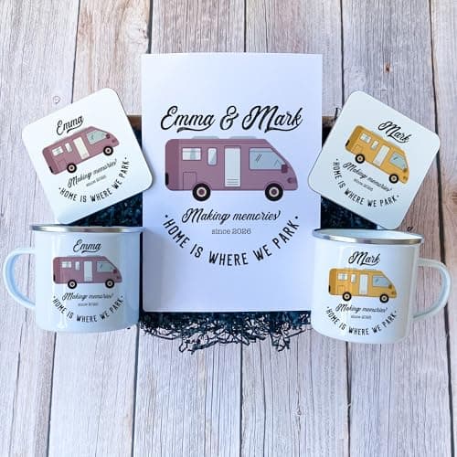 Image of Pomchick - Campervan Enamel Camp Mug Set with Enamel Mug Coaster and Card Personalised Motorhome Gift His Hers Accessories Camping Retro Caravan