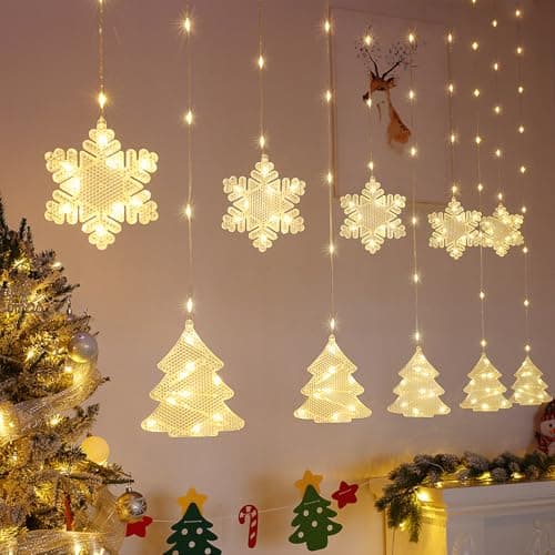 Image of BLOOMWIN Christmas Window Lights Indoor - 2M 160 LED Snowflake Curtain Hanging Fairy String Icicle Lights for Xmas Bedroom Wall Party Outdoor, Warm White USB