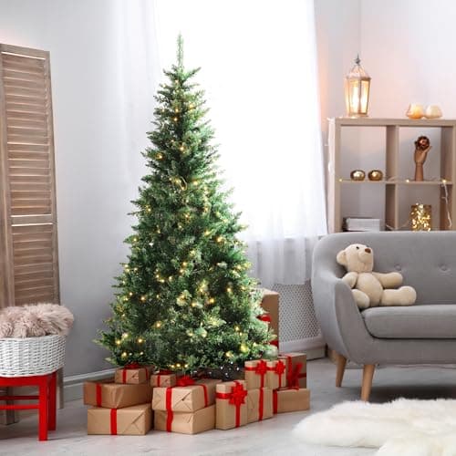 Image of Olsen & Smith 6ft Pre Lit Christmas Tree 300 White LED Lights & 700 Branch Tips Pine Xmas Tree for Home Decor - Artificial Christmas Tree 6ft and Metal Stand - Traditional Christmas Decor