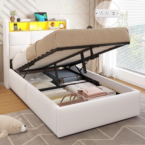 Image of DICTAC Single Ottoman Bed with Led Lights and Charging Station 3ft Upholstered Ottoman Lift Up Storage Bed with Headboard 90x190 Hydraulic Platform Storage bed with Solid Wood Slats,White(No Mattress)
