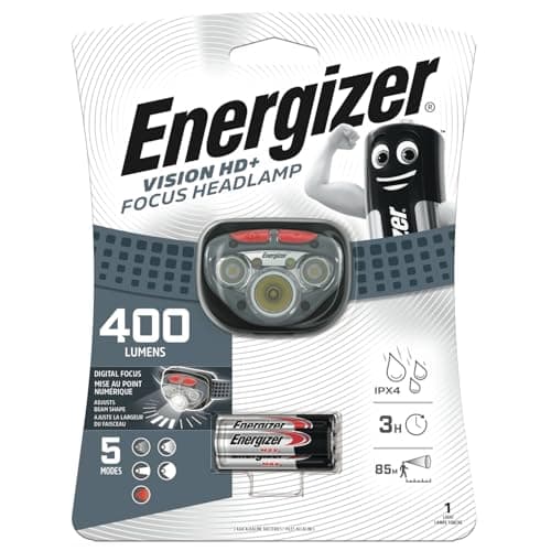 Image of Energizer Vision HD+ Focus LED Head Torch, Bright Headlamp, Water Resistant, Lightweight for Indoor and Outdoor Activities, Batteries Included, Grey