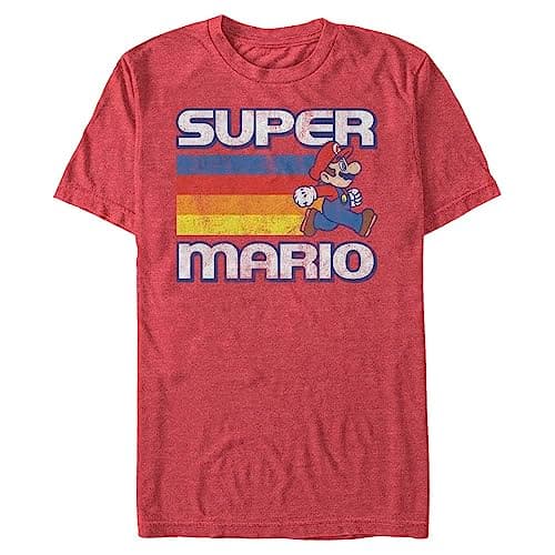 Image of Nintendo Men's Super Mario Running Retro Stripe T-Shirt, Red Heather, S