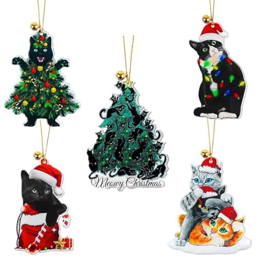 Image of 5 Pack Christmas Tree Ornaments, Black Cat Christmas Ornaments For Cat Lovers, Animals Stacked Ornament Hanging Gift Decorations for Christmas Tree