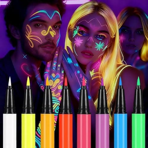 Image of Christmas UV Neon Glow Face Body Paint Kit,8 Colors Safe Non Toxic Waterproof Glow in the Dark Pen, Smudge Proof Quick Drying for Adults Kids, Ideal for Party Cosplay Festival Temporary Tattoo Makeup