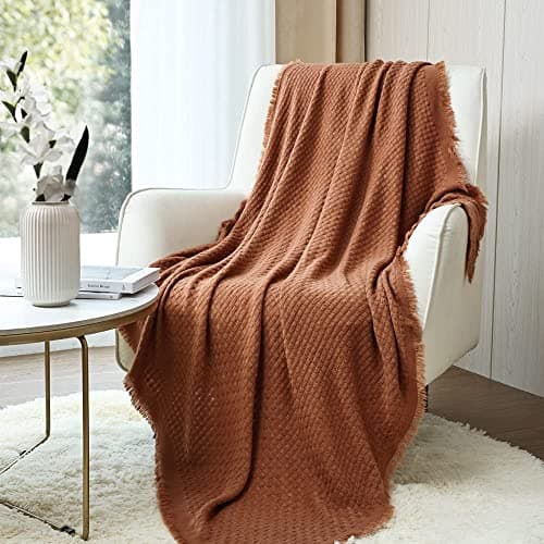 Image of CREVENT Farmhouse Rust Knit Throw Blanket for Couch Sofa Chair Bed Home Decoration, Soft Warm Cozy Light Weight Textured Cover for Spring Summer Fall (127cmX152cm Caramel/Brown/Burnt Orange)