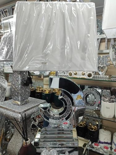 Image of DEENZ Large Bling Crushed Diamond Table Lamp with White Shade Ceramic Mirrored Base Sparkling Bedside Home Decor (C Base)