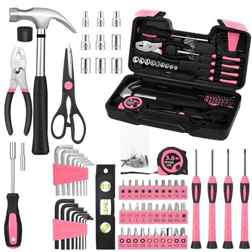 Image of HANGYING 143pc Pink Home Tool Set, Tool Kit for Women All Purpose Household Hand Tool Kit with Storage Case for Home Office College General Repair
