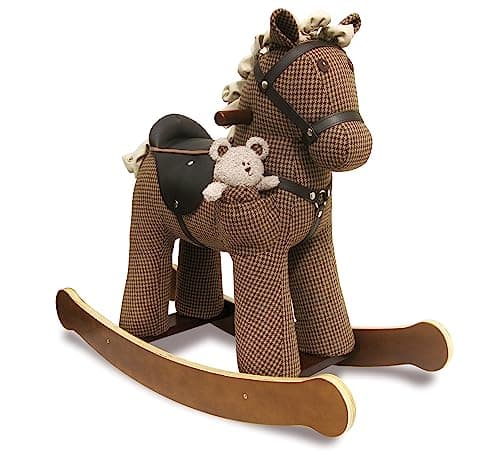 Image of Little Bird Told Me - Chester & Fred Rocking Horse, Brown Ride On Horse Toy with herringbone woven fabric, for 1 Year Olds and Toddlers, Soft Horse Toy with Wooden Rockers, leatherette saddle & bridle, for Girls & Boys