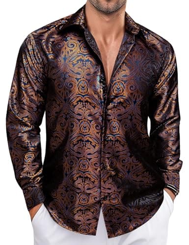 Image of Ailisus Men's Brown Blue Silk Shirts Long Sleeve Paisley Vintage Button Down Dress Shirt Shiny Regular Fit Casual Tops for Party Prom Wedding