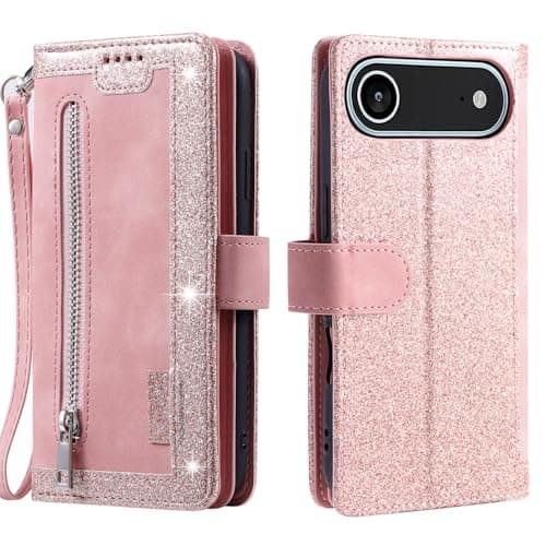 Image of VEEMOS Wallet Case for iPhone Air Flip Case Leather Folio Protective Phone Cover with Kickstand Card Slots Zipper Pocket - Pink