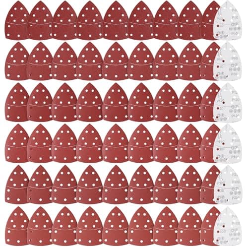 Image of Sruhrak 60 Pieces Mouse Sanding Discs 152x105mm Triangle Sanding Sheet, 11 Holes Hook and Loop Sander Pads Grits 40 80 120 180 220 400 Sandpaper Set for Multi Mouse Sander Sanding Wood, Metal, Plastic