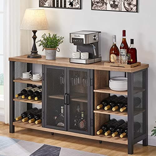 Image of FATORRI Industrial Wine Bar Cabinet for Liquor and Glasses, Farmhouse Wood Coffee Bar Cabinet with Wine Rack, Metal Sideboard and Buffet Cabinet (55 Inch, Rustic Oak)
