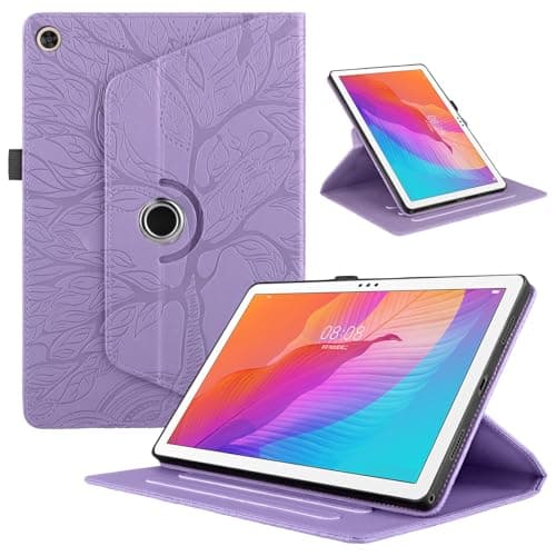 Image of TEDTIKJT Tablet Cover for Huawei MatePad T 10 9.7" 2021 Cover PU Leather 360 Degree Rotating Stand Protective Flip Case for Huawei MatePad T 10 9.7" Tablet Case, Purple Life Tree