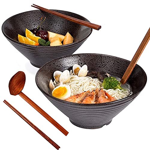 Image of 2 Set Tableware Ceramic Ramen Bowl - Japanese Noodles Bowls Dinner Sets for Pasta Soup Pho Mixing Salad Dishes Snack cereal Food with Spoons Chopsticks Kit 1000 Ml for New Home House Warming Gifts
