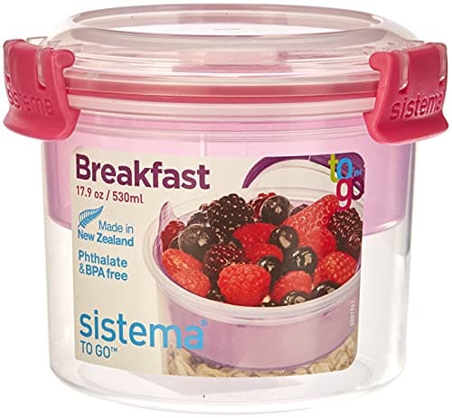 Image of Sistema Breakfast To Go, Food Storage Container with Compartments and Spoon, 530 ml, BPA-Free, Assorted Colours, 11.4 x 11.4 x 9.6 cm