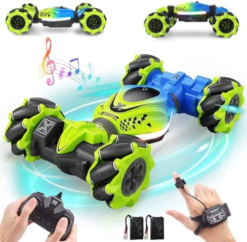 Image of ROCKY&CHAO Remote Control Car for Kids Adults, 2.4GHz 4WD Gesture Sensor Drift RC Stunt Car, Double Sided Rotating 4WD High Speed Off-Road Vehicle Toys 360° Rotation with Lights and Music-Green