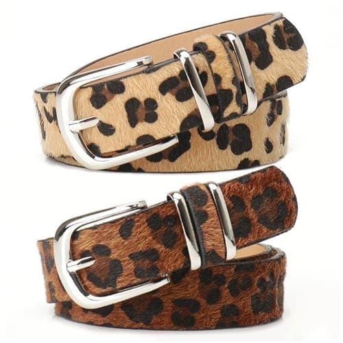 Image of PLUSHCEWT 2 pcs Womens Belt, Leopard Print PU Leather Belts Two Colors Adjustable Waistband for Jeans Dresses Casual Wear Fashionable Thin Belt with Metal Pin Buckle