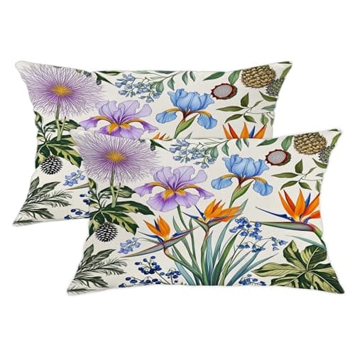 Image of Iris Throw Pillow Covers Set of 2, Botanical Natural Bird of Paradise Allium Spring Green with Hidden Zipper Cushion Covers Pillow for Living Room Bedroom Loft Office Car Decor 20x12 Inch
