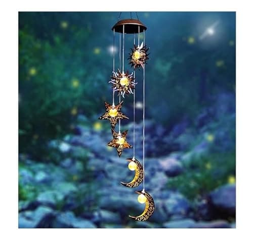 Image of Solar Wind Chimes for Outside with Sun Moon Star Solar Hanging Lights Hanging Decor Outdoor Sympathy Wind Chimes for Garden Patio Balcony Birthday Womens Gifts