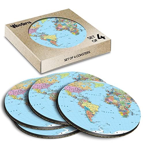 Image of 4 x Round Coasters - World Map Globe Earth Geography Cork Backed MDF Glossy Tea Coffee Accessory #170943