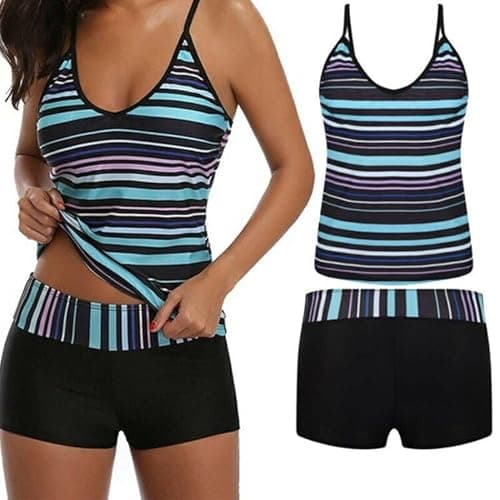 Image of Women’s Two Piece Swimwear Gradient Color Tankini Set Top with Shorts Low Waist Sporty Swimsuit Bikini (UK, Numeric, 10, Regular, Regular, Blue+Black)