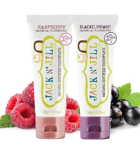 Image of Jack N’ Jill Natural Certified Kids Toothpaste – Fluoride-Free Toddler & Baby Toothpaste with 40% Xylitol, No Sugar, Suitable from 6 Months+, Blackcurrant & Raspberry Flavour, Pack of 2 (50g Each)