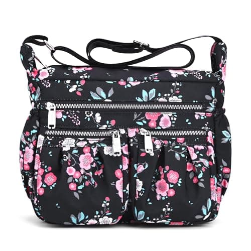 Image of SODOLLEE Women Shoulder Bag Fashion Print Crossbody Bag Lightweight Ladies Cross Body Bag Multiple Pockets Nylon Messenger Bag for Shopping Travel Flower D